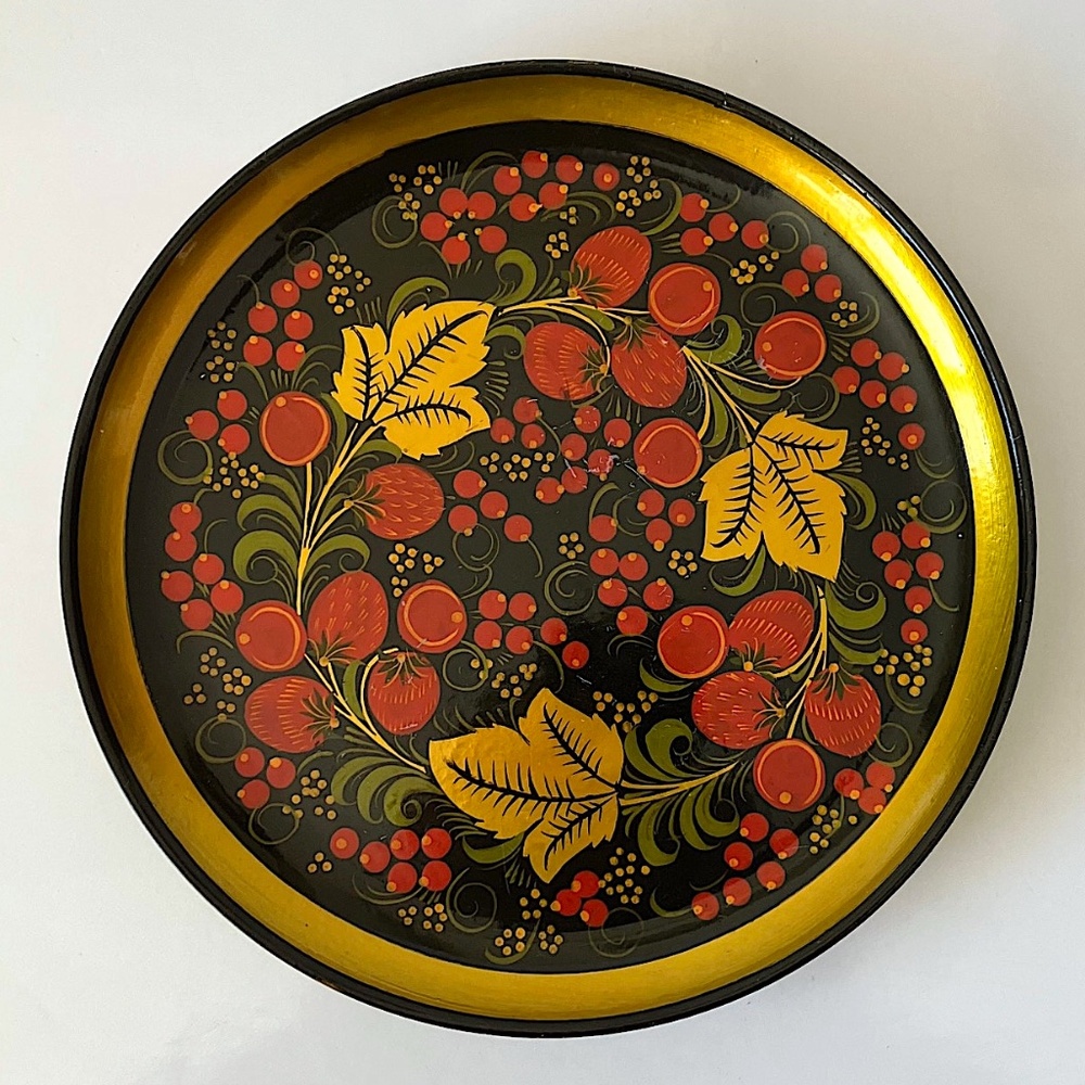 Russian Khokhloma Decorative Plate Hand Painted Vintage